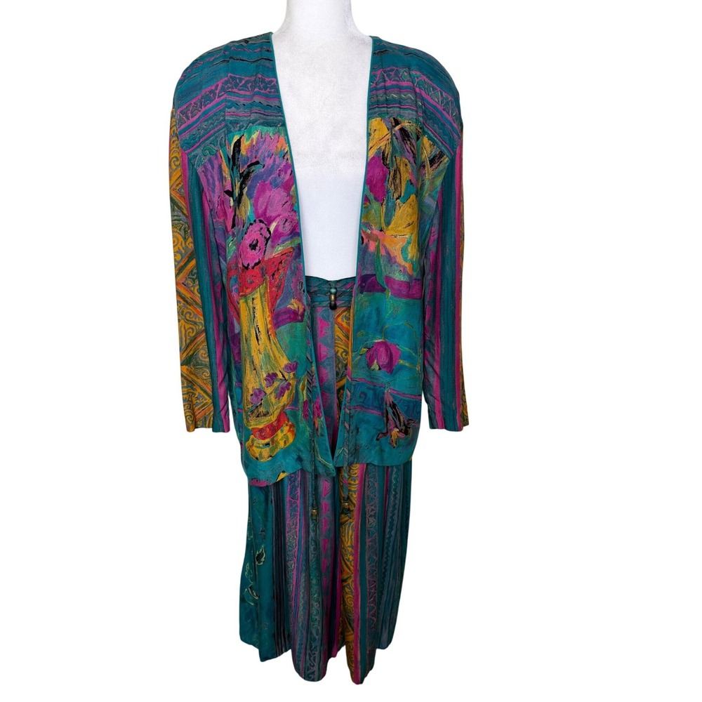 VTG Casual Corner Rayon 2pc Set 8 10 Teal Floral Poetcore Boho Artsy Festival - Picture 2 of 16